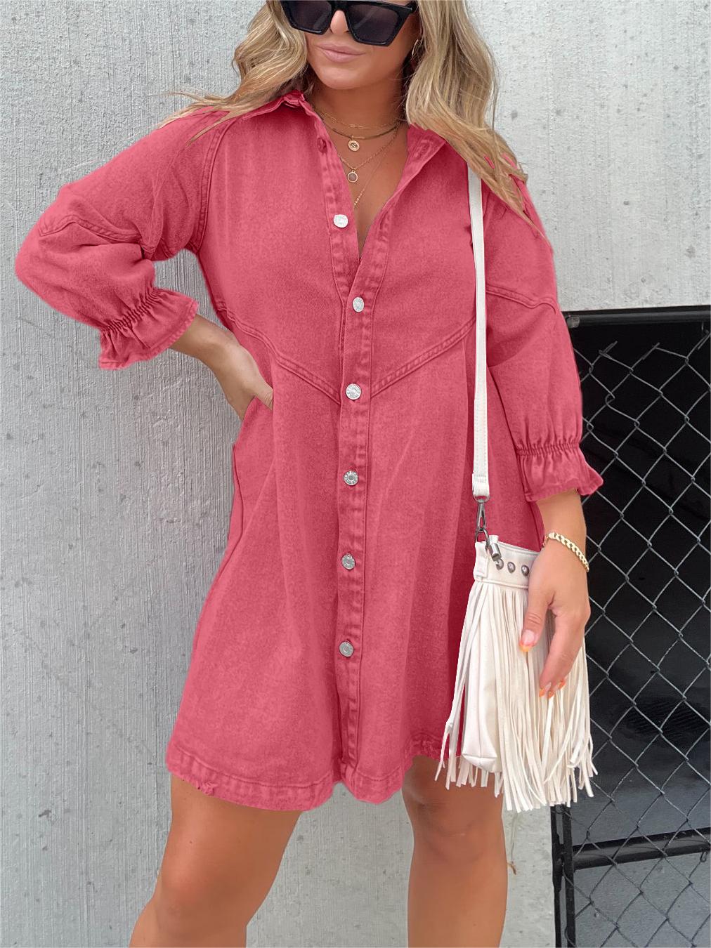 LM | Chic turn-down collar denim midi dress