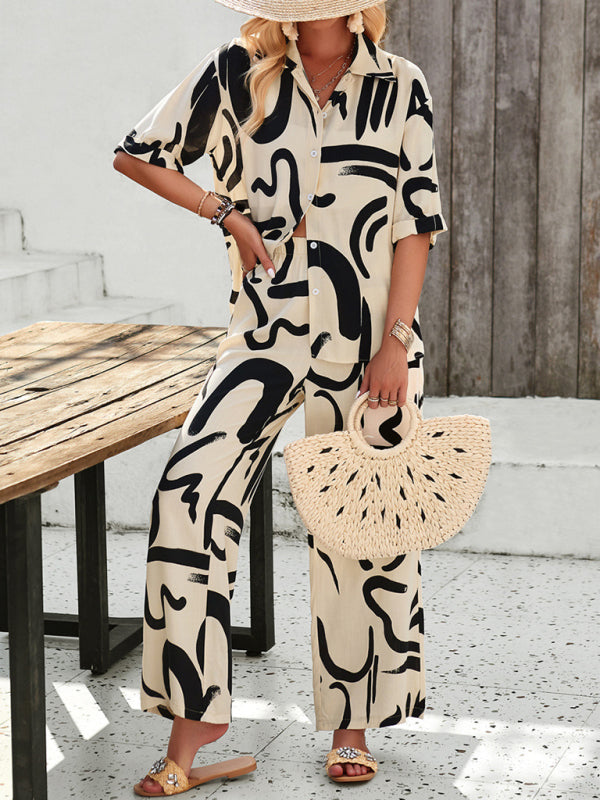 LM | New Women Casual Fashion Printed Lapel Short Sleeve Shirt and Pants Vacation Suit