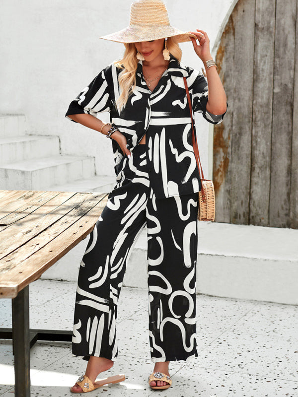 LM | New Women Casual Fashion Printed Lapel Short Sleeve Shirt and Pants Vacation Suit