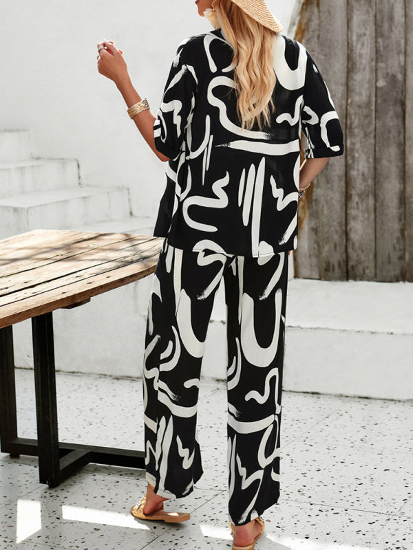 LM | New Women Casual Fashion Printed Lapel Short Sleeve Shirt and Pants Vacation Suit