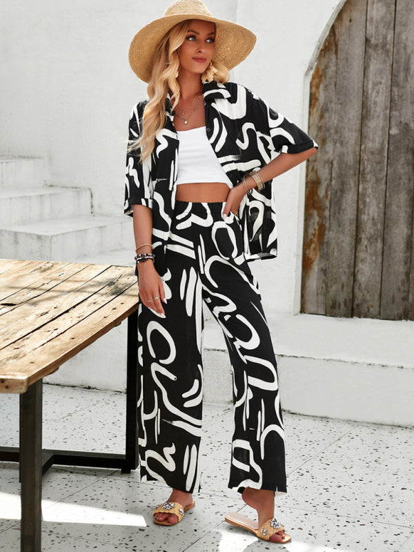 LM | New Women Casual Fashion Printed Lapel Short Sleeve Shirt and Pants Vacation Suit