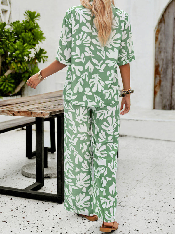 LM | New Women Casual Fashion Printed Lapel Short Sleeve Shirt and Pants Vacation Suit