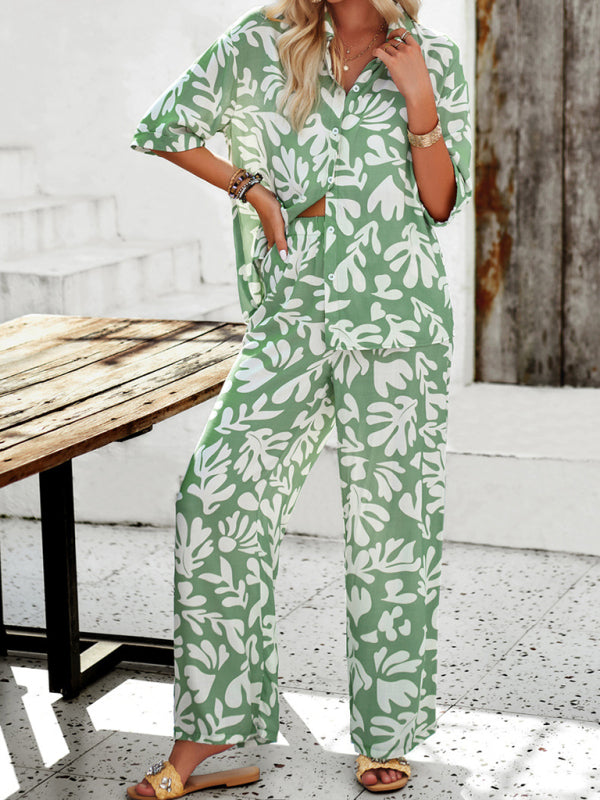 LM | New Women Casual Fashion Printed Lapel Short Sleeve Shirt and Pants Vacation Suit