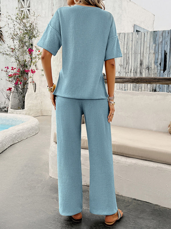 LM | New spring and summer casual solid color knitted short sleeve pants suit