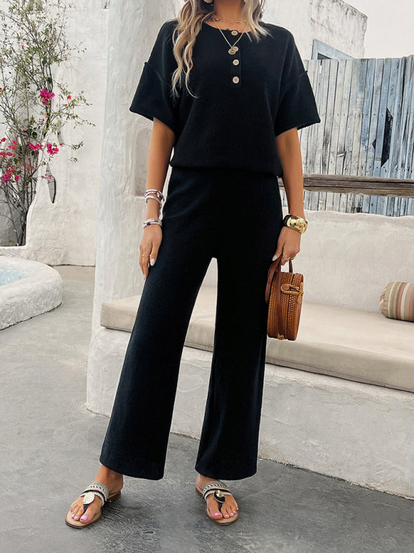 LM | New spring and summer casual solid color knitted short sleeve pants suit
