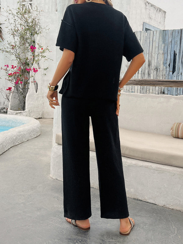 LM | New spring and summer casual solid color knitted short sleeve pants suit