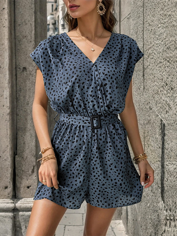 LM | Ladies leopard print V-neck sleeveless romper jumpsuit with belt