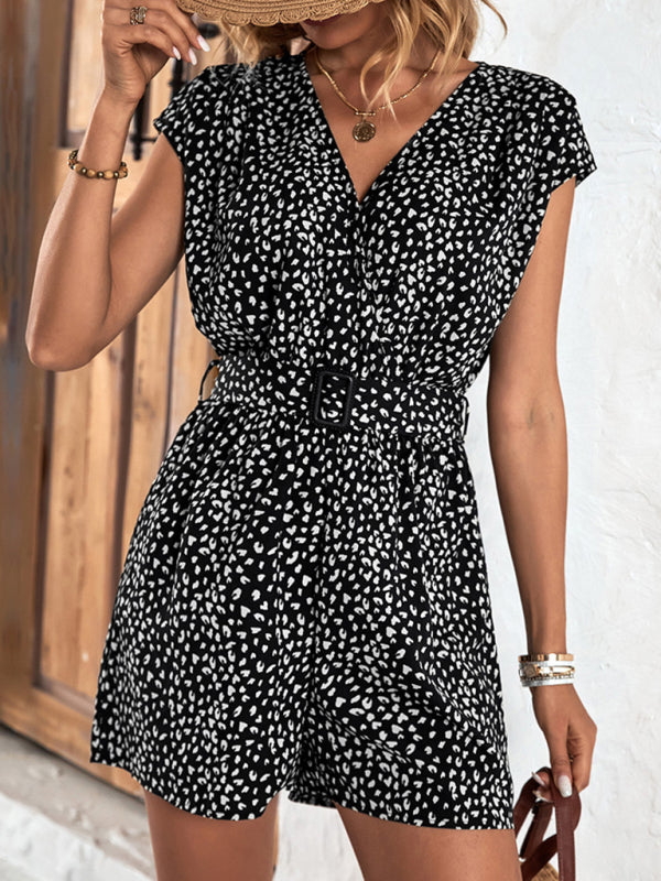 LM | Ladies leopard print V-neck sleeveless romper jumpsuit with belt