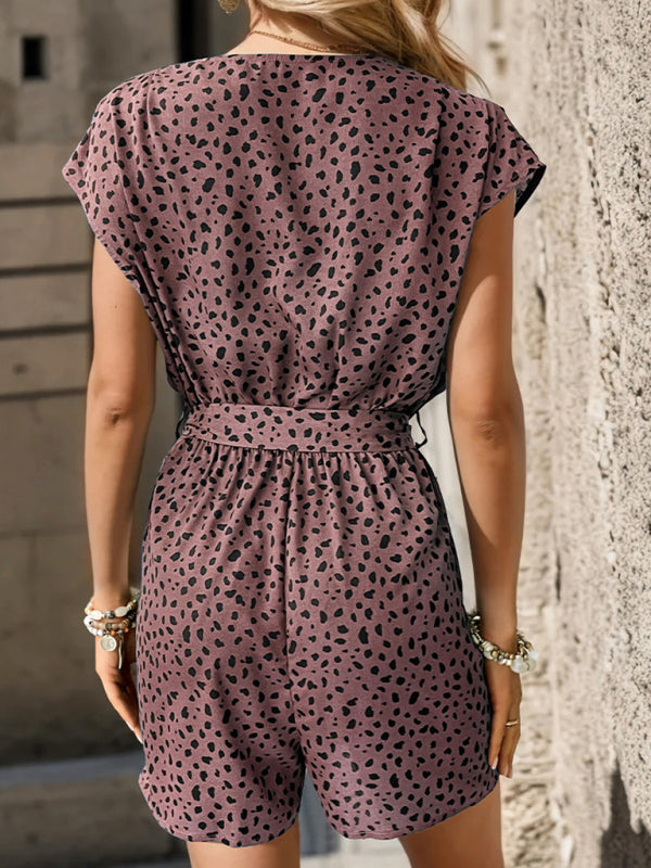 LM | Ladies leopard print V-neck sleeveless romper jumpsuit with belt