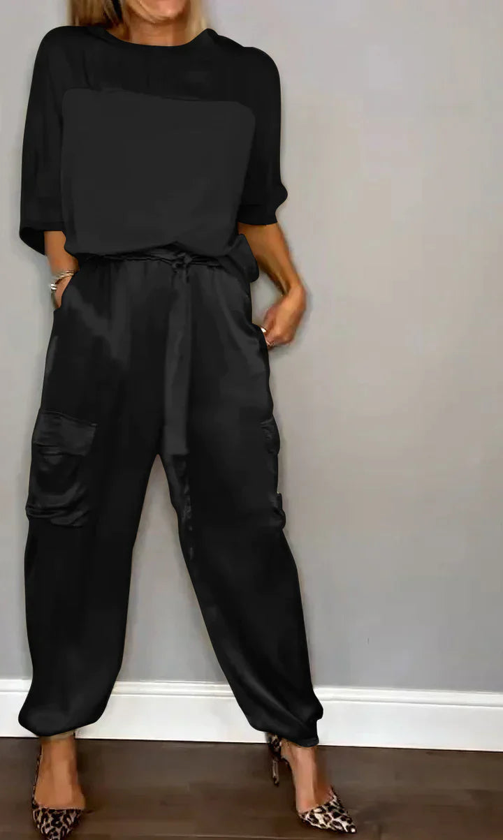LM | Two Piece Set With Solid Color Satin Top And Pants For Women
