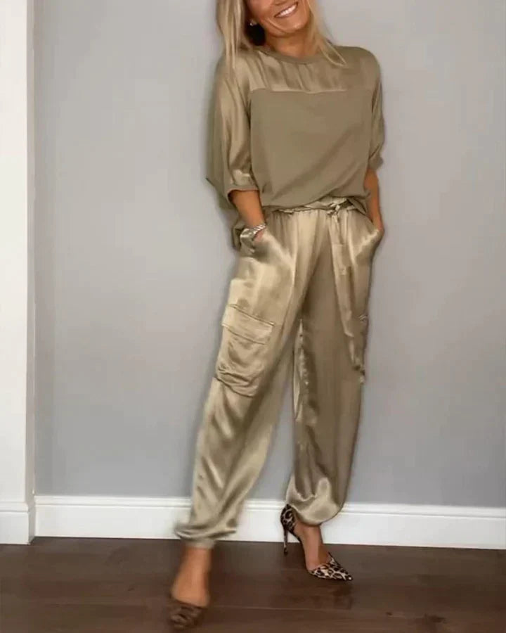LM | Two Piece Set With Solid Color Satin Top And Pants For Women