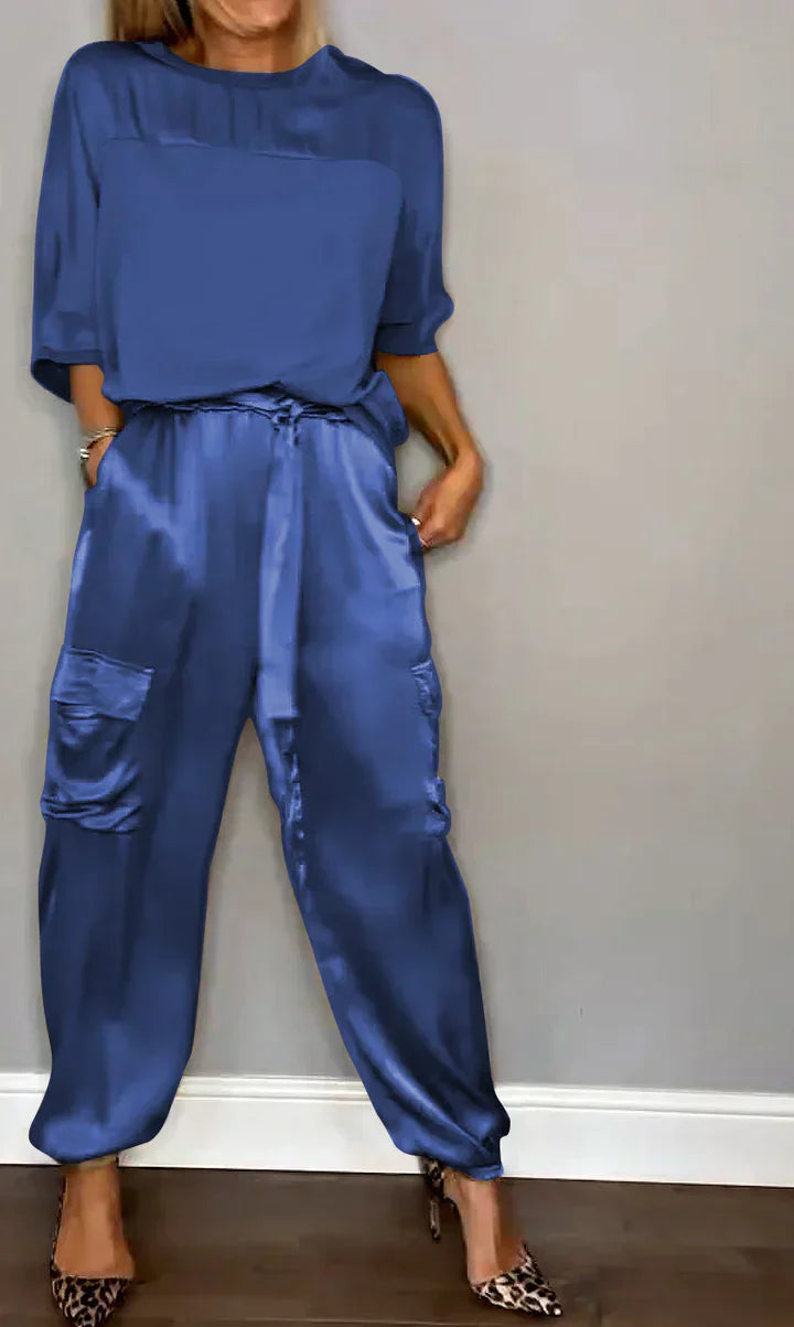 LM | Two Piece Set With Solid Color Satin Top And Pants For Women