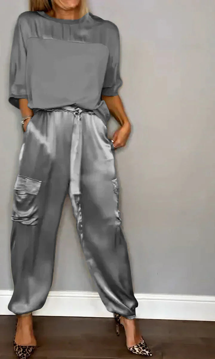 LM | Two Piece Set With Solid Color Satin Top And Pants For Women