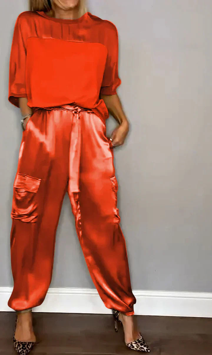LM | Two Piece Set With Solid Color Satin Top And Pants For Women