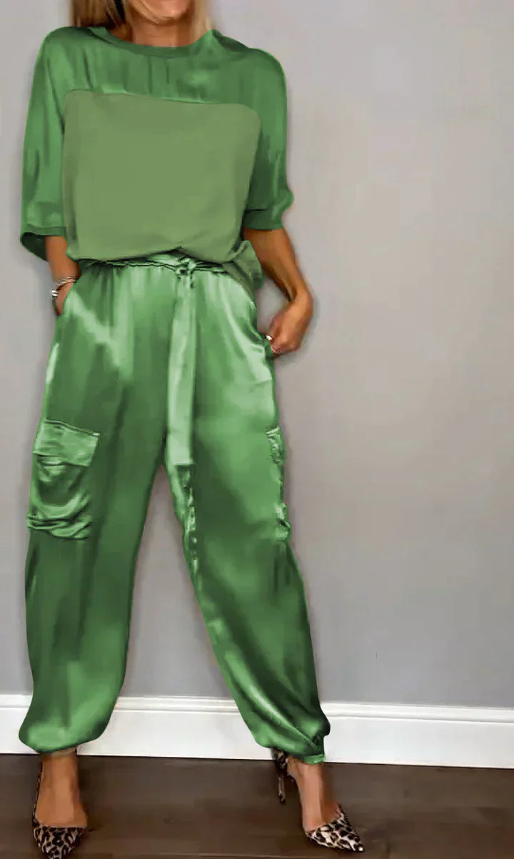 LM | Two Piece Set With Solid Color Satin Top And Pants For Women