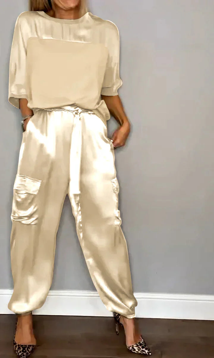 LM | Two Piece Set With Solid Color Satin Top And Pants For Women