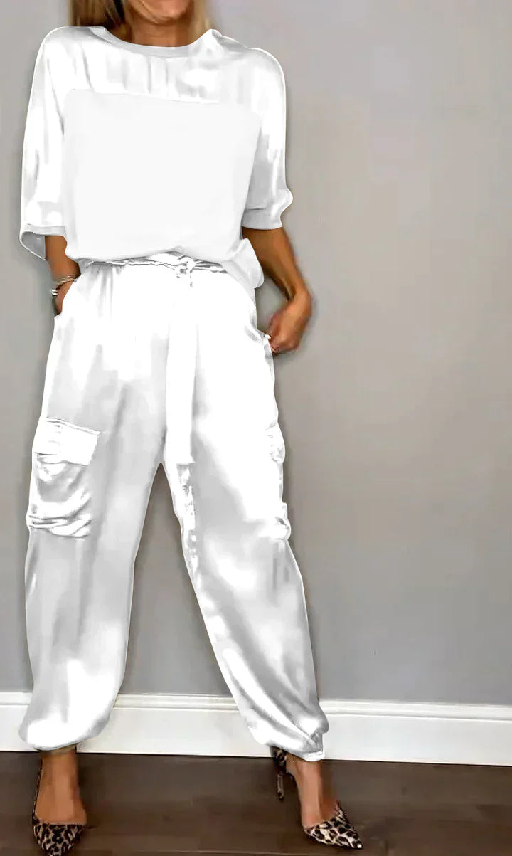 LM | Two Piece Set With Solid Color Satin Top And Pants For Women