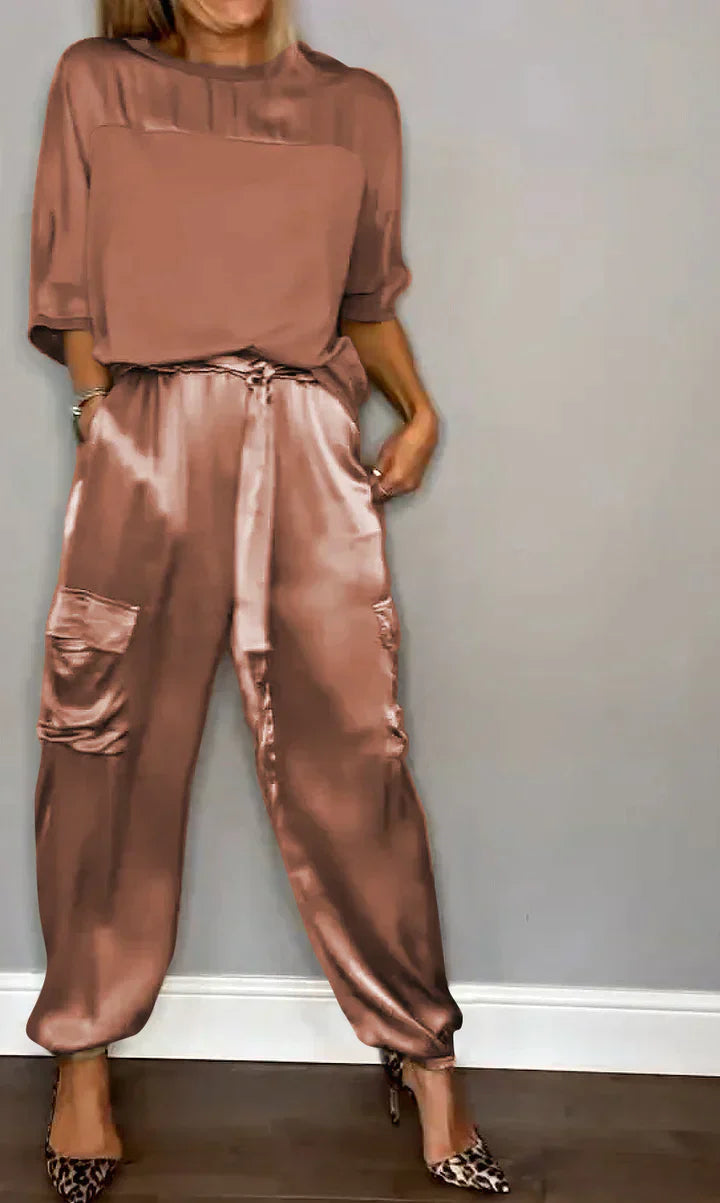 LM | Two Piece Set With Solid Color Satin Top And Pants For Women