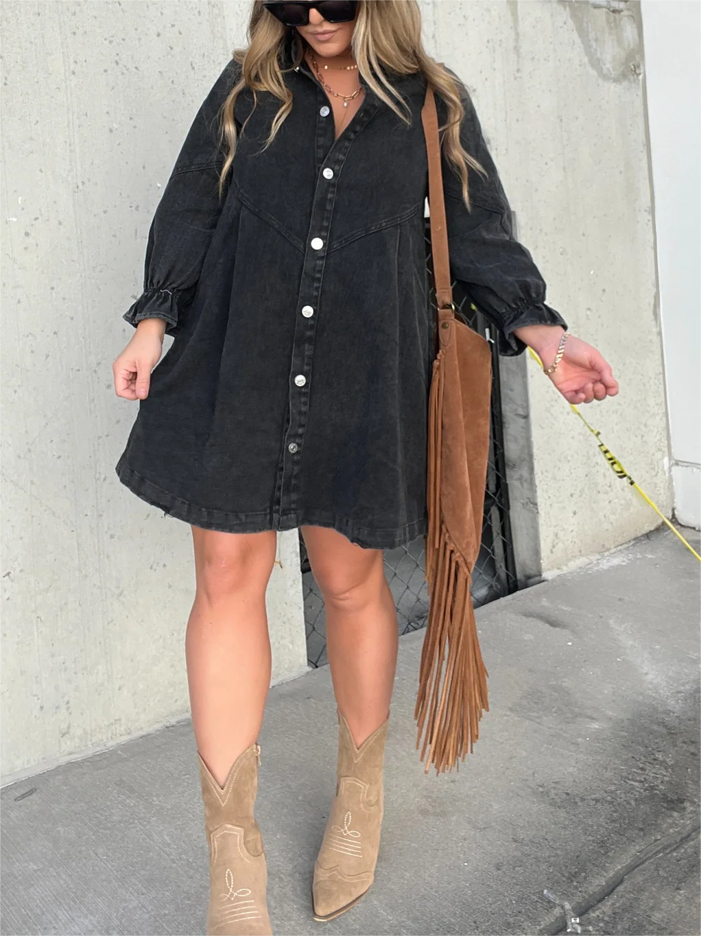 LM | Chic turn-down collar denim midi dress