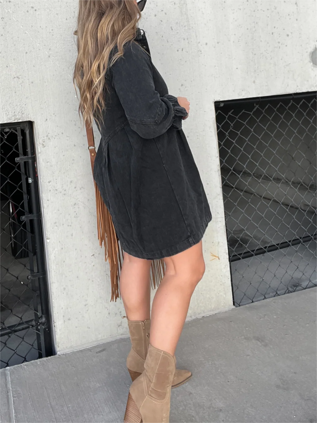 LM | Chic turn-down collar denim midi dress