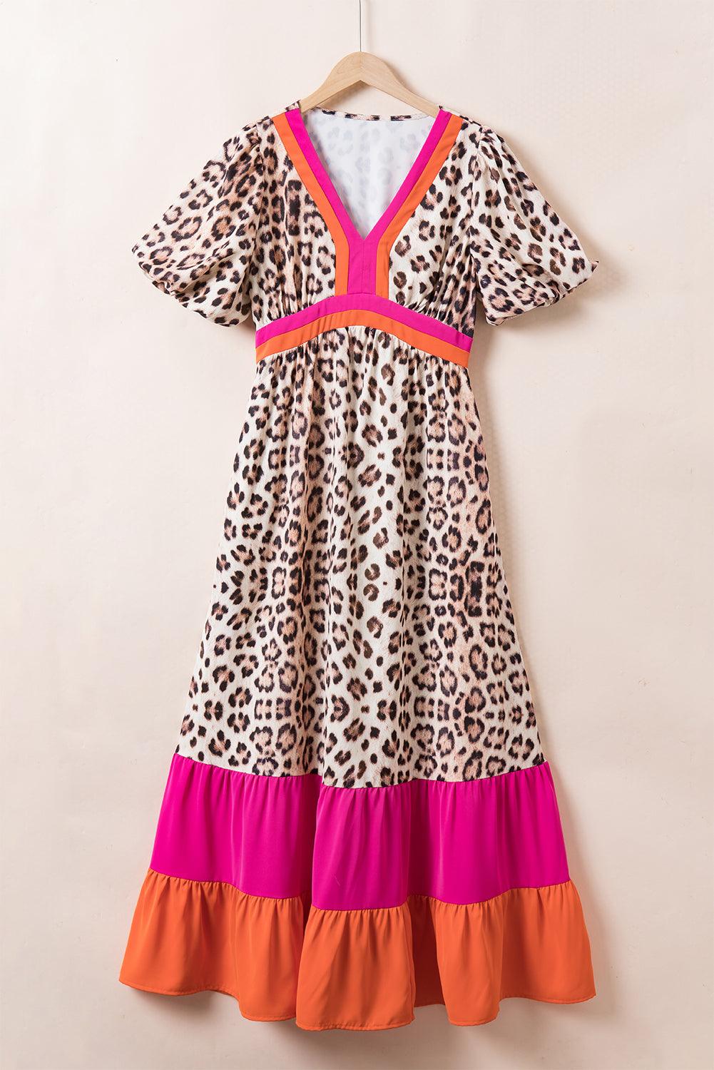 LM | Maxi dress with leopard print and puff sleeves for women
