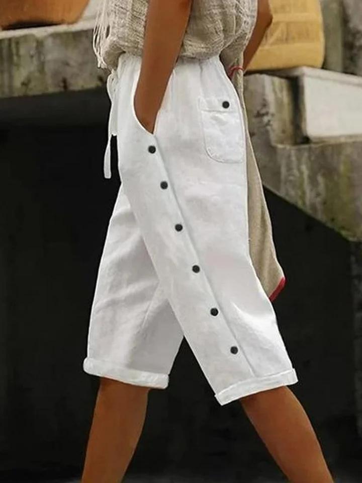 LM | Casual plain capris Elasticated waist buckle pants
