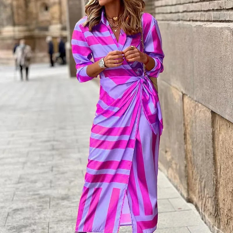 LM | Fashion V-neck striped midi dress with lacing