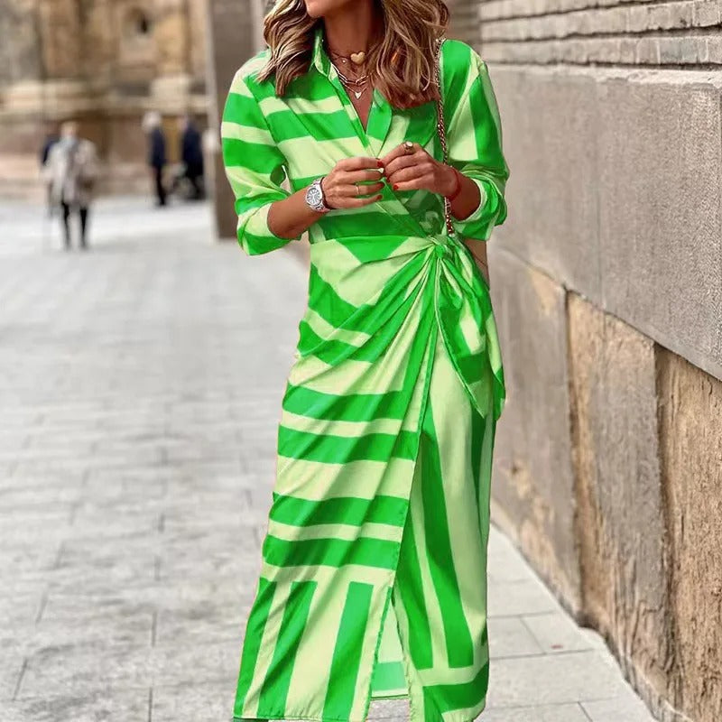 LM | Fashion V-neck striped midi dress with lacing