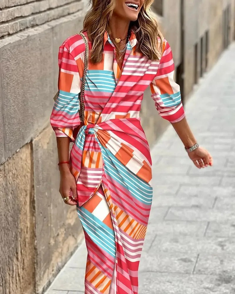 LM | Fashion V-neck striped midi dress with lacing