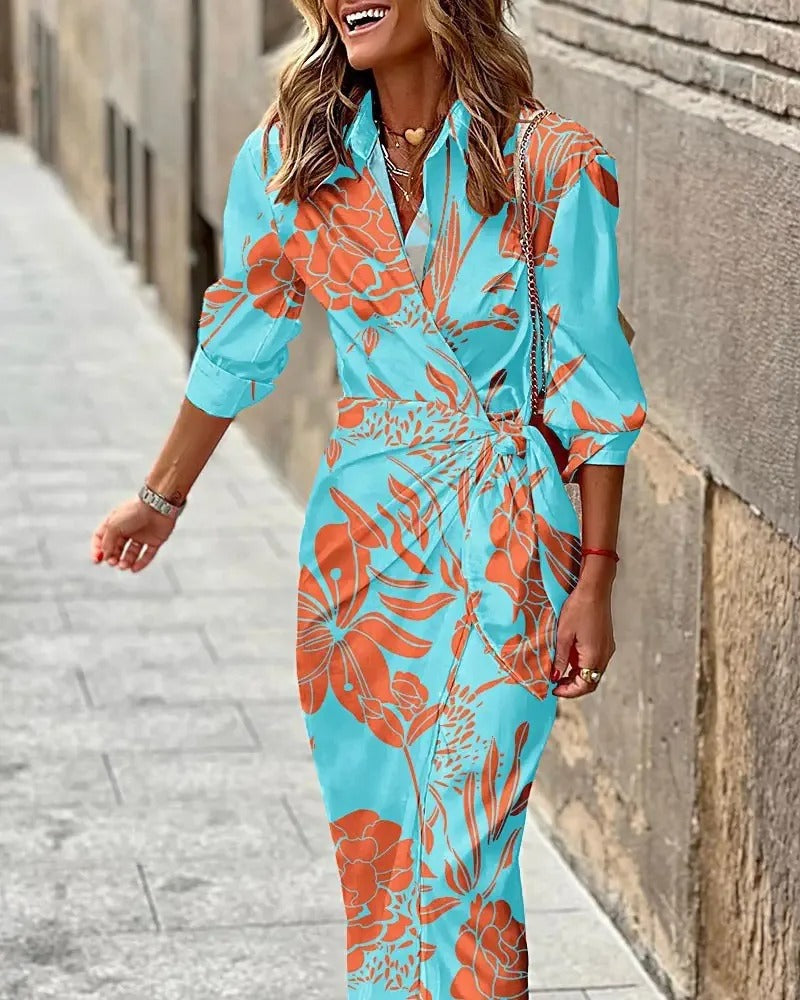 LM | Fashion V-neck striped midi dress with lacing