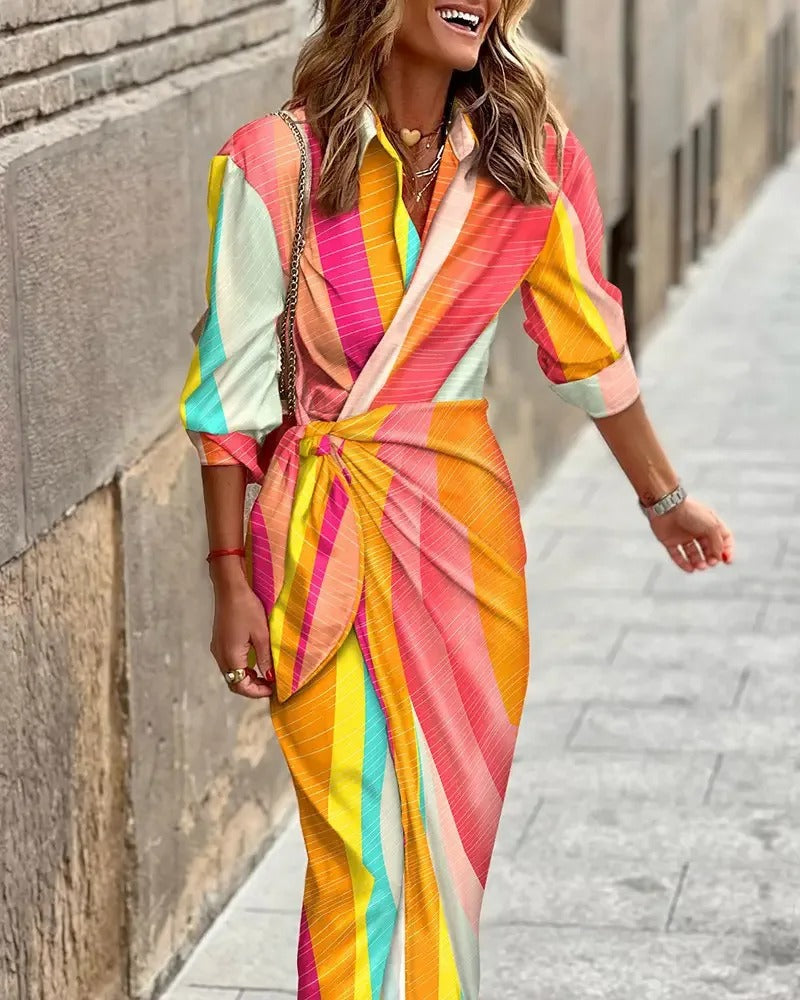 LM | Fashion V-neck striped midi dress with lacing