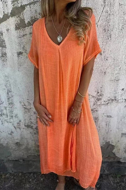 LM | V-neck loose fit cotton linen midi dress