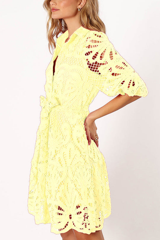 LM | Solid color lace neckline balloon sleeves and waist tie mini dress