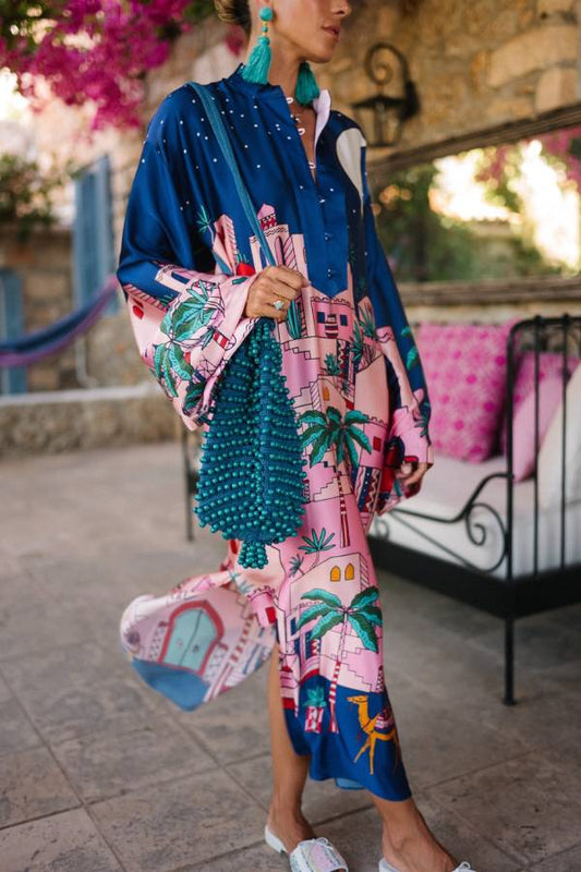 LM | Seaside Stroll Satin Unique Print Button Up Long Sleeve Slit Kaftan Midi Dress