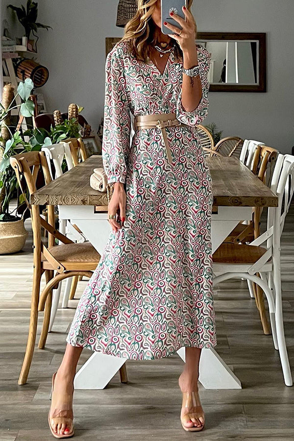 LM | V-neck multi print midi dress
