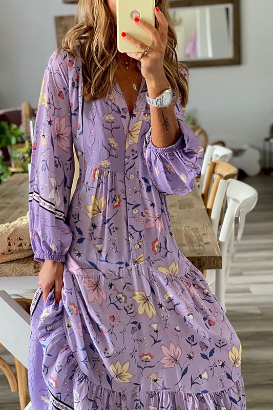 LM | Lavender Flavor Printed Long Sleeve Button A-Line Maxi Dress