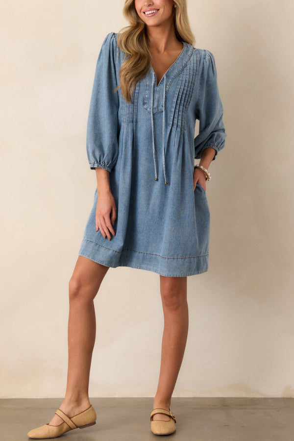 LM | Fate Would Have It Denim Playful Pleated Pocket A-Line Mini Dress