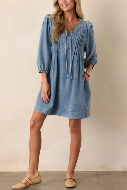 LM | Fate Would Have It Denim Playful Pleated Pocket A-Line Mini Dress