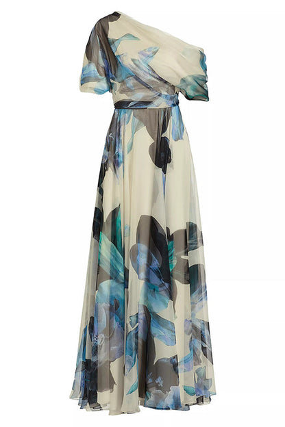 LM | Unique printed bohemian short-sleeved maxi dress with one shoulder section