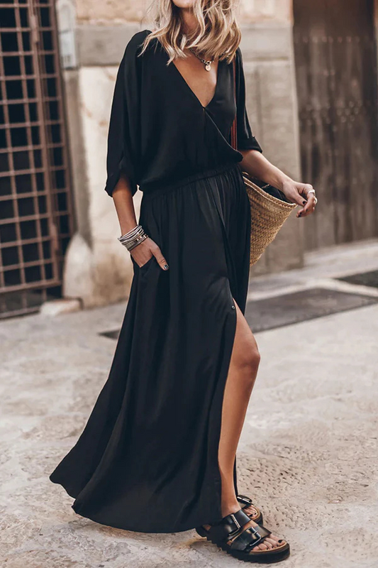 LM | Soft and Elegant Kimono Sleeve Stretchy Waist Pocketed Slit Maxi Dress