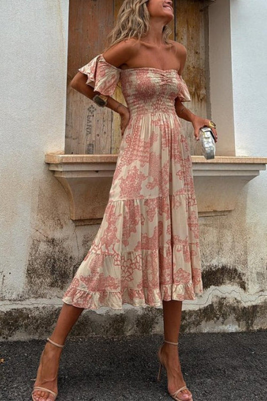 LM | Pitaya Unique Print Off Shoulder Smocked Ruffle Sleeve Layered Midi Dress
