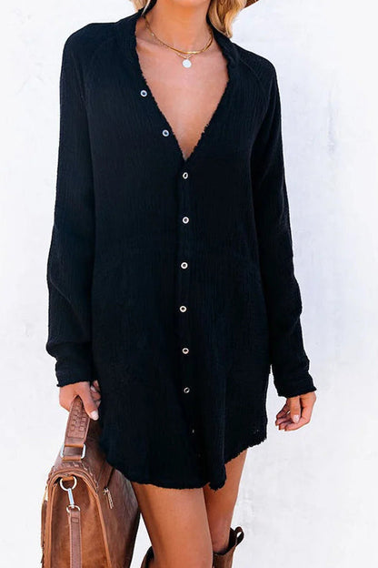 LM | Loose Mid-length Jacket Casual Solid Color Shirt Mini Dress