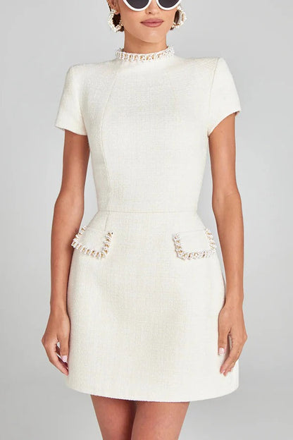LM | Exquisite and playful tweed fabric beaded short sleeve pocketed mini dress