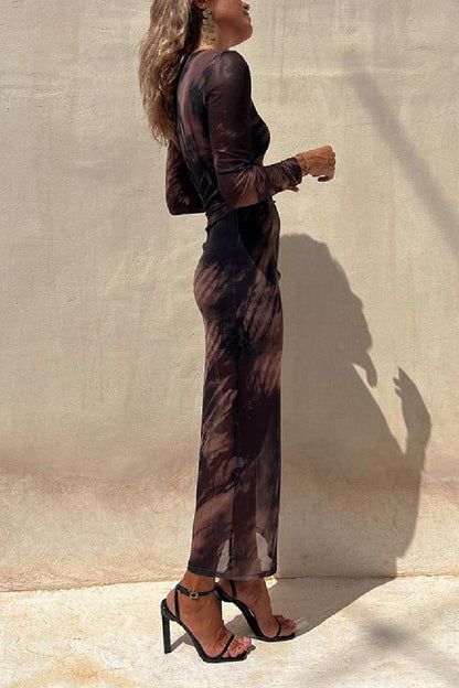 LM | Charm Lady Mesh Overlay Tie Dye Print Long Sleeve Ruffled Stretch Midi Dress