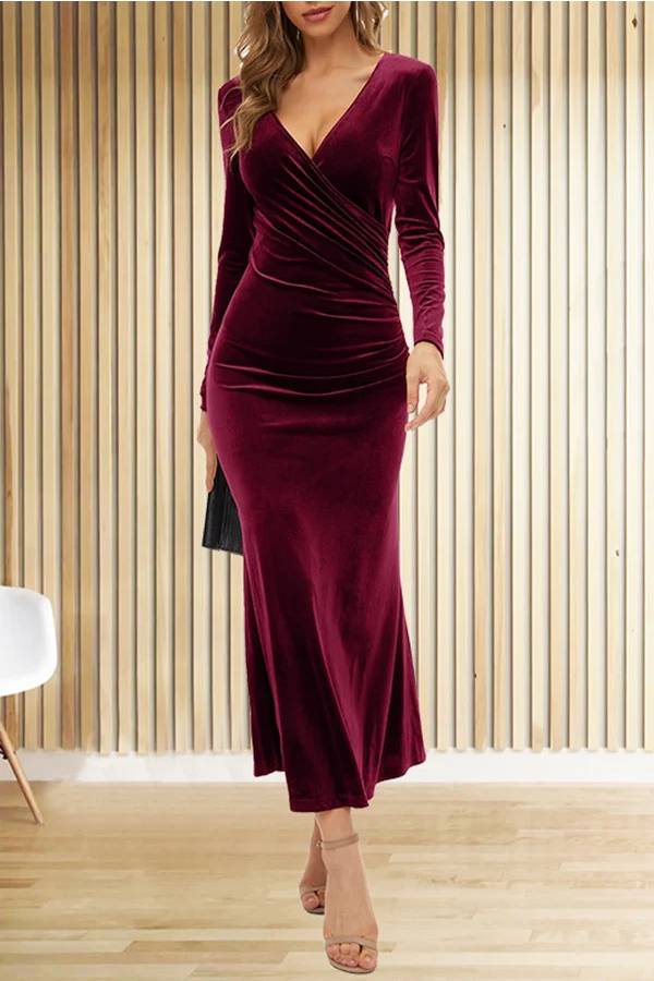 LM | Solid Velvet Long Sleeve V-Neck Slim Fit Fishtail Maxi Dress