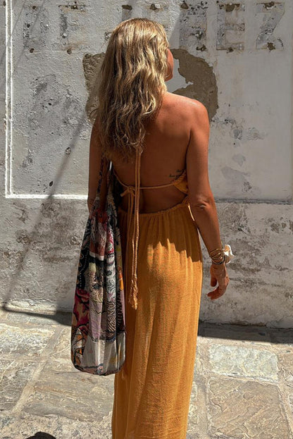 LM | Linen Blend Elastic Waist Halter Backless Pocket Slit Midi Dress