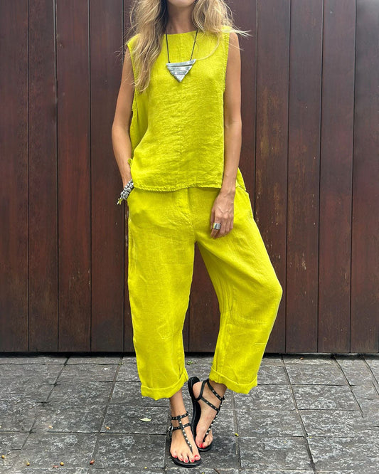 LM | Casual Solid Color Sleeveless Vest & Pants Cotton Linen Two Piece Set