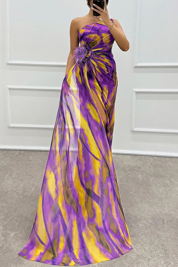 LM | Amazing Views Watercolor Print Feather Rose Detail Off Shoulder Pleated Slit Maxi Dress