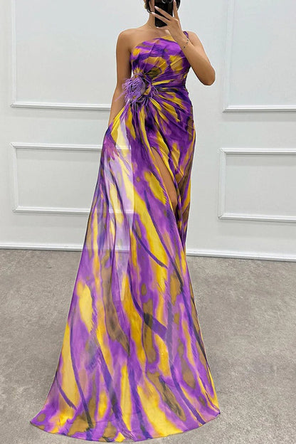 LM | Amazing Views Watercolor Print Feather Rose Detail Off Shoulder Pleated Slit Maxi Dress