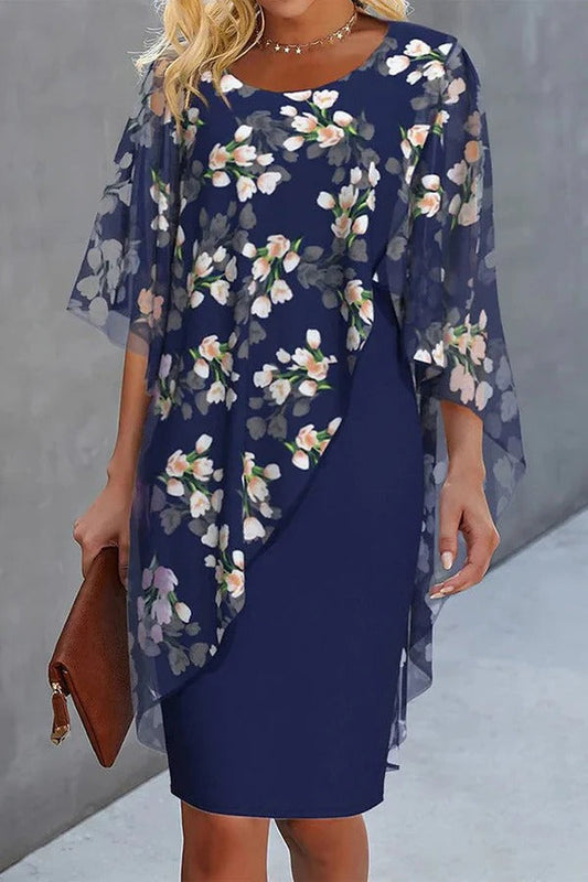 LM | Chiffon Floral Print Round Neck Casual Mini Dress